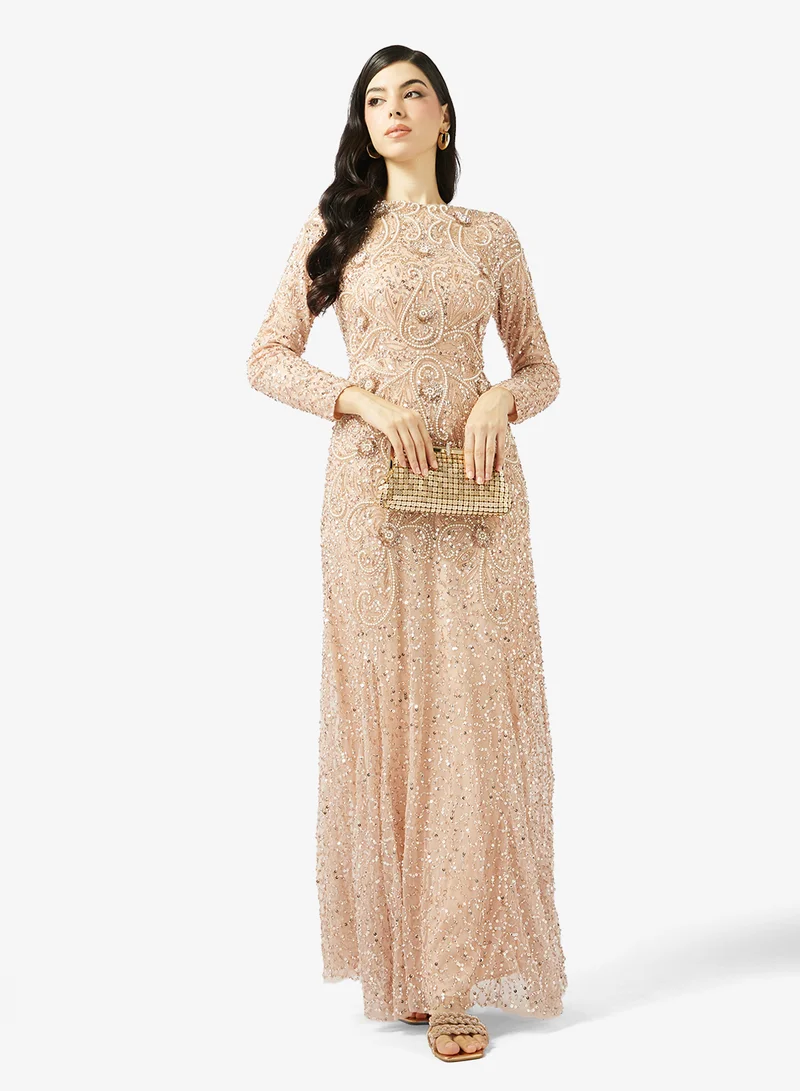 Maryisa  Printed Crew Neck Pleated Maxi Dress for Women | Best Price UAE
